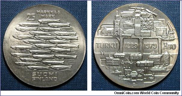 1979 Finland 25 Markkaa, 750th Anniversary of Turku, .500 silver, 26g, 37mm