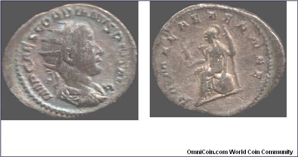 Nice natural toning to a silver antoninianus of the Roman Emperor Gordian III. Reverse showing Roma seated holding Victory and a sceptre.