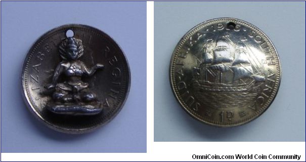 a 1P coin that someone bent into a pendant and added a figurine on the other side. i have 3 such coin, with different figures and different years. has anyone seen work like this before?