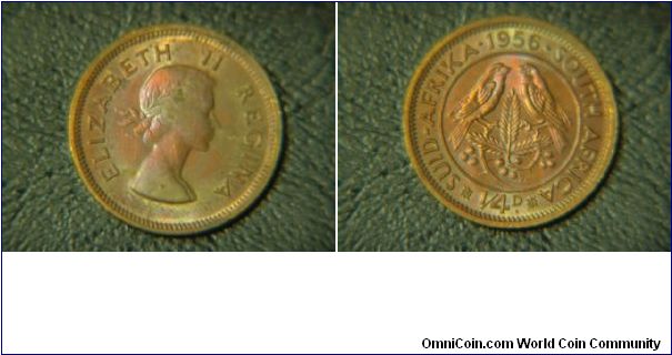 1956 1 Farthing. Great pink and rose toning on both sides.