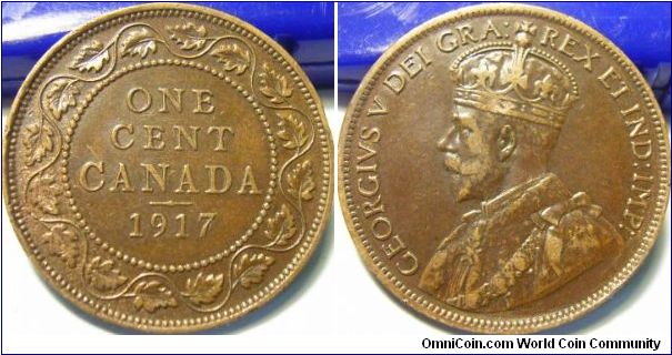 Canada 1917 1 cent. Nice chocolate brown toned. XF-