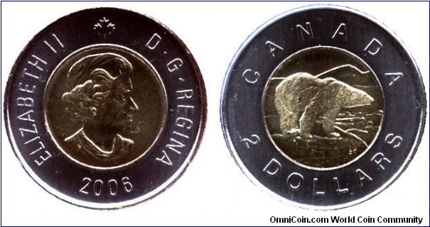Canada, 2 dollars, 2006, Ni-Cu-Al-Ni, bi-metallic, Queen Elizabeth II, Polar Bear, Part of Canadiens set.                                                                                                                                                                                                                                                                                                                                                                                                           