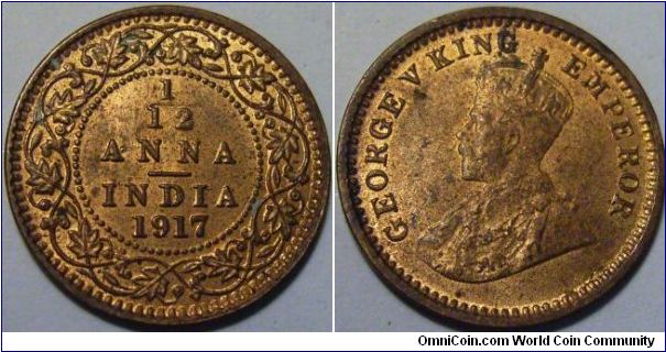 India 1917 1/12 anna. Nice red color and unc!