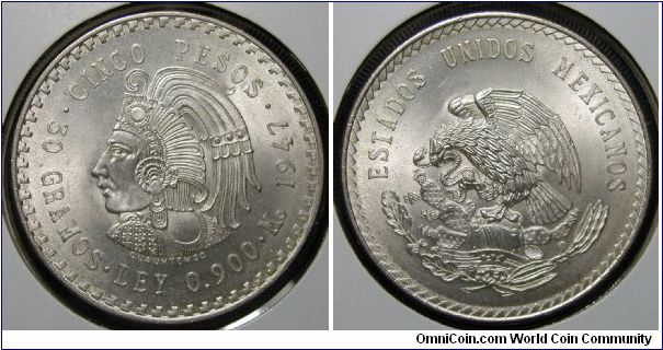 1947 Mexico 5 Pesos, .900 silver.