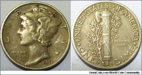US 1941 1 dime. Mintmark D for Denver.