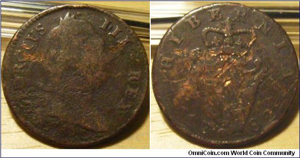 Ireland 1782 1 farthling (?). Worn and scratched. On auction @ coinpeople.com