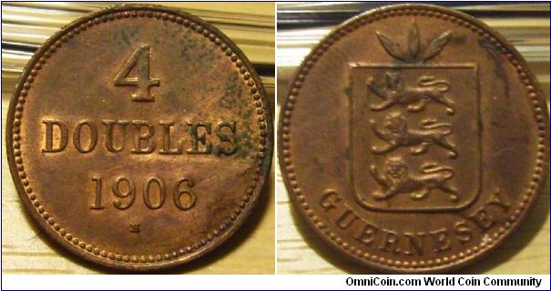 Guernsey 1906 4 doubles. Still with some redness and aUNC! $4.00