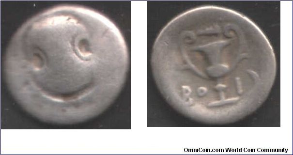 Boeotian hemidrachm with portrait of `Smiley the Alien' obverse. 379-371 BC