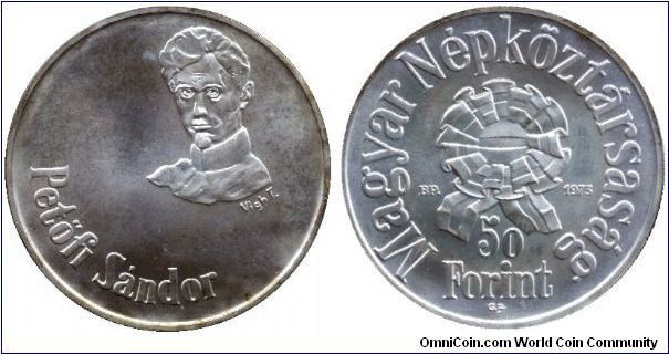 Hungary, 50 forint, 1973, Ag, 150th Anniversary of the Birth of Sándor Petöfi, Revolutionist and Poet.                                                                                                                                                                                                                                                                                                                                                                                                              