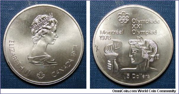 1974 Canada 5 Dollars, Montreal Olympics Athlete with Torch, .925 silver, 24.3g, 38mm.