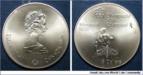 1974 Canada 5 Dollars, Montreal Olympics, Canoeing, .925 silver, 24.3g, 38mm.