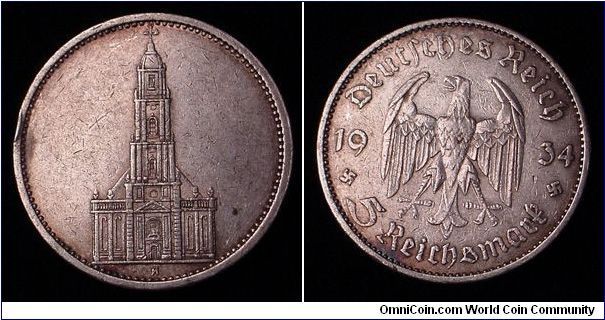 1934-A Germany 5 Reichsmark Postdam Garrison Church

***Private Collection***