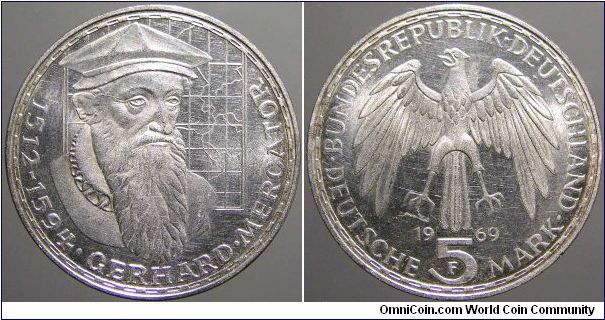 1969-F Germany 5 Marks, 375th Anniversary of the Death of Gerhard Mercator.                                                                                                                                                                                                                                                                                                                                                                                                                                         