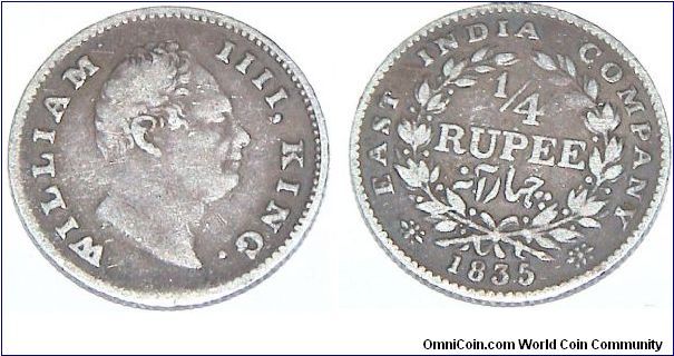 Quarter Rupee. East India Company. William IV. Silver coin.
