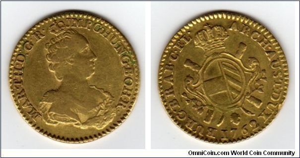 Maria Theresia 1762 Gold.
Please look at the scans yourself and see the quality of the coin that is being offered!!+http://goldcoin.blogspot.com/