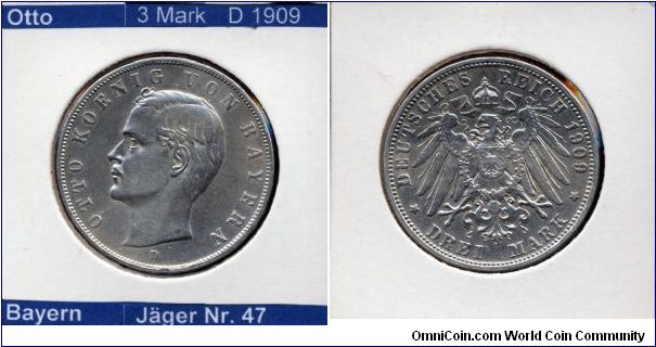 3 Mark Otto von Bayern (Bavaria) Mintmark D