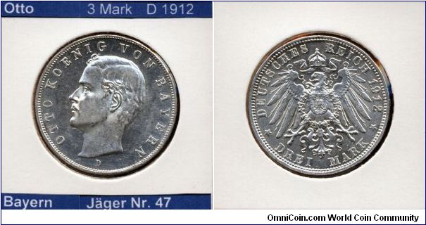 3 Mark Otto von Bayern (Bavaria) Mintmark D