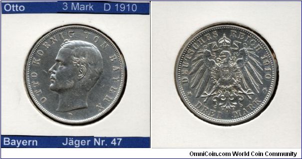 3 Mark Otto von Bayern (Bavaria) Mintmark D