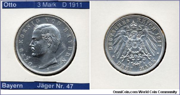 3 Mark Otto von Bayern (Bavaria) Mintmark D
