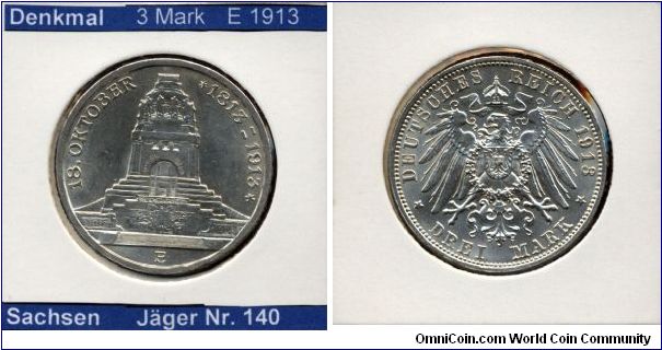 3 Mark 100th anniversary of the battle around Leipzig (Saxonia) Mintmark E