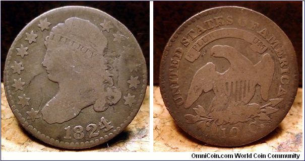 1824, 4 over 2 overdate, Bust dime, raw.