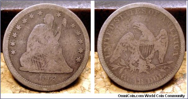 Seated Liberty Quarter Dollar, raw, weak strike.