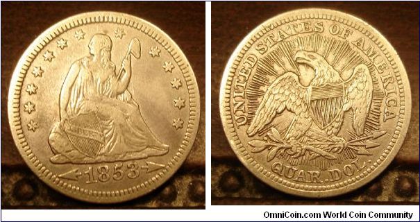 Seated Liberty Quarter Dollar with Arrows and Rays, raw.