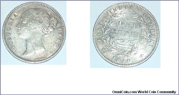 1 Rupee. Silver coin. East India Company. Q Victoria. Type II.
