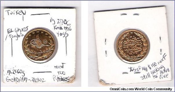 ottoman Empire now turkey Gold constantinople mint   1000 kurus minted in 1327/9AH-1917-18AD
Sultan Mehmet Resad