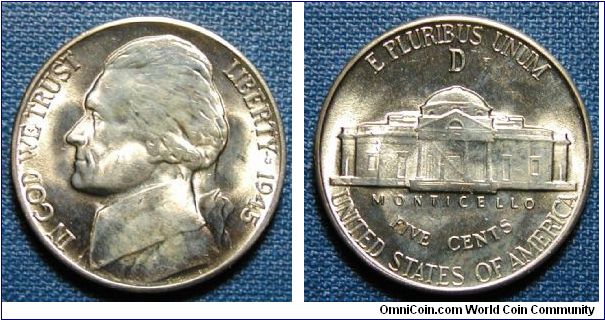 1945-D Jefferson Nickel, Silver War Issue.