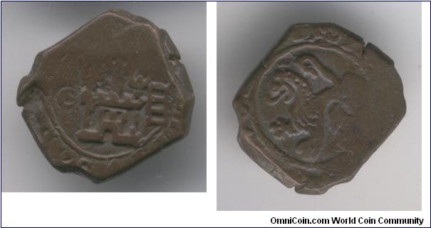 Spanish castle cob, raw. 1600's, multiple stamped dates. Really thick, small diameter, about the size of a US dime.