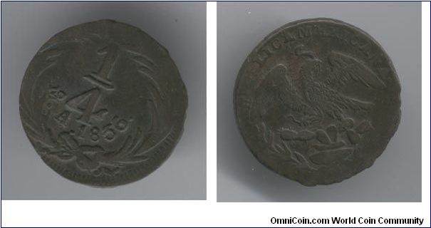 Copper Mexican 1/4th reale. Love this coin! :) About the size of a quarter.