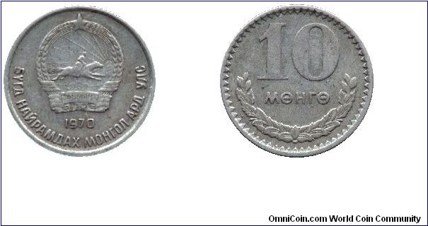 Mongolia, 10 mongo, 1970, Cu-Ni.                                                                                                                                                                                                                                                                                                                                                                                                                                                                                    