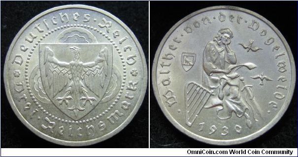 Weimar Republic 3 Reichsmark 700th Anniversary Death of Von Der Vogelweide (A-Berlin) Ag500