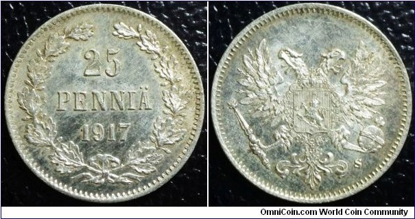 Finland under Russian rule 1917 25 pennia. UNC?! With die crack. Weight： 1.27g