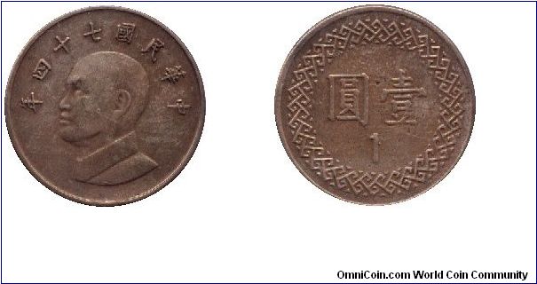 Taiwan, 1 dollar, 1985, Bronze, Chiang Kai-shek, D: 74.                                                                                                                                                                                                                                                                                                                                                                                                                                                             