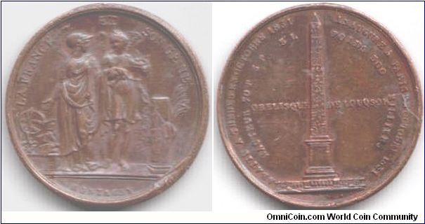Error date. This medal was produced to commemorate the erection in 1836 of the Obelisk taken from Luxor, Egypt. Only problem is, that unlike all the others i've seen, this one is dated 1831 (bottom right reverse) instead of 1836!!!