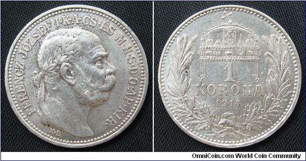 1 korona
Diameter: 23 mm, 5g
Ag 0.835
Mintage 5.886.000 coins.
Franz Joseph