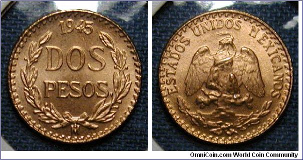 1945 Mexico 2 Pesos Gold
