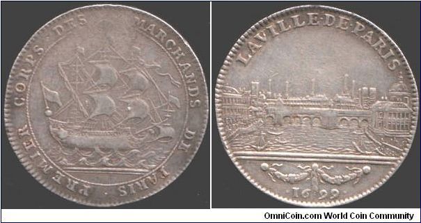 Nice `city view' silver jeton of the `Premier Corps des Marchands de Paris' dated 1699.