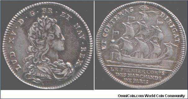 Juvenile bust of Louis XV on a silver jeton of the `Premier Corps des Marchands de Paris'. Not dated, but circa 1730.