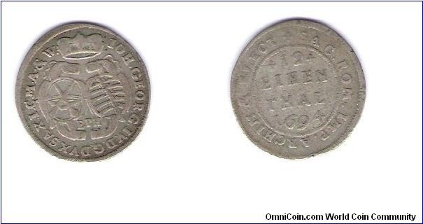 German States
SAXONY-(Electoral)
Km#638
1/12 Thaler
Elector Johan georg IV (1691-1694)