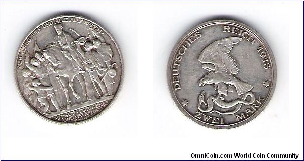 German States
(Prussia) 2 Mark
KM# 532 Y#132
1.500-minted
.3215 OZ/.900 Silver