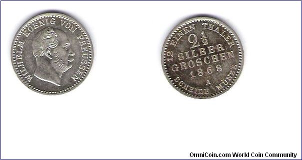 1868(A)Prussia-German States
2 1/2 Silber Groschen
.0390 OZ/.375 Silver
C#167