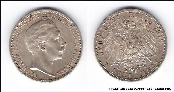 1912(A)-3MARK
German States-
PRussia
KM#527 Y#121
4.626-Minted
.4823OZ/.900 Silver