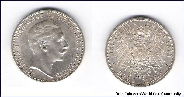 1912(A)
German States-Prussia-3-Mark
4.626-minted
Km#527 y#121
.4823.OZ/.900
Silver