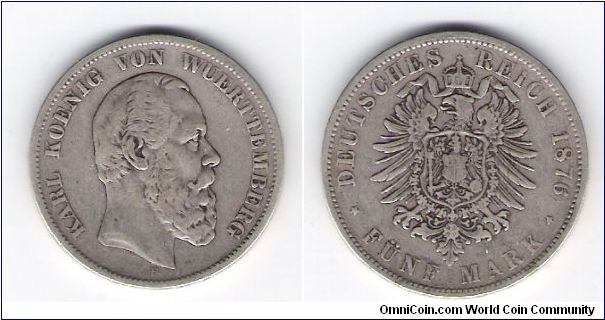 1876(F)WurtenBurg
5-Mark
.897-minted
.900 Silver/.