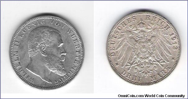 Wurtenburg 1913(F)
Km#635 Y#221
.267-Minted
.4823.OZ/.900 silver
3-Mark