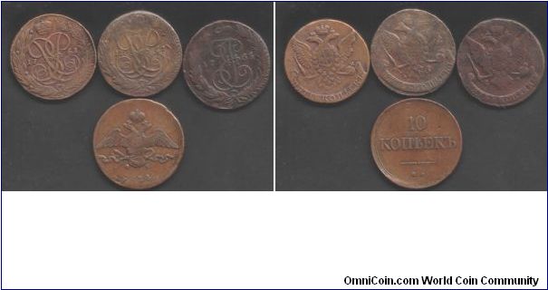 Some more copper 5 Kopecs and a 10 Kopec from Ekaterinburg Mint, and a 5 kopec from Sestroretsk mint (1761 -1834)