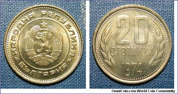 1974 Bulgaria 20 Stotinki, Die crack at 11 o'clock.